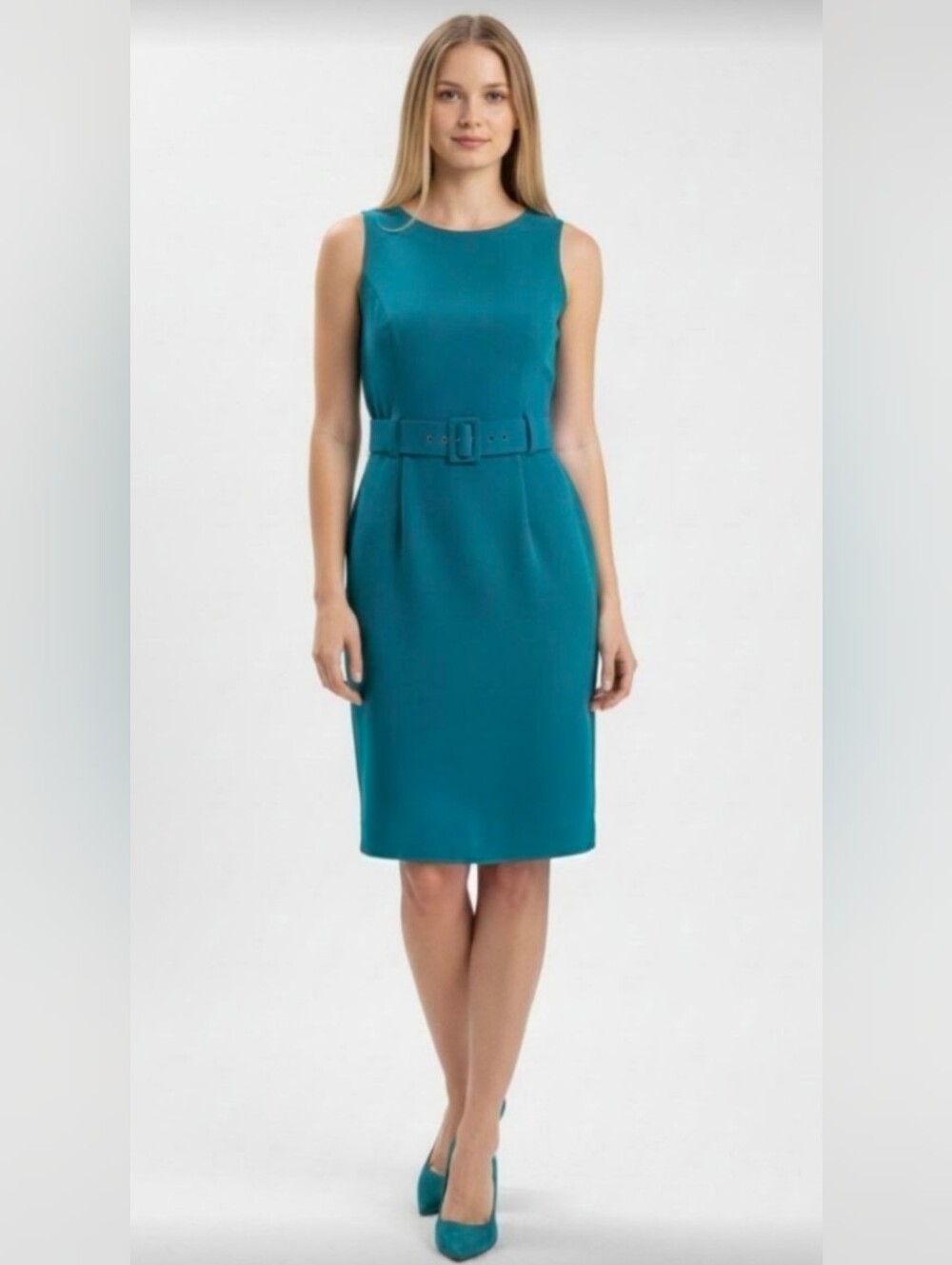 CALVIN KLEIN! TURQUOISE BLUE VERTICAL INSETS, BELTED SHIFT STYLE DRESS! SZ 10